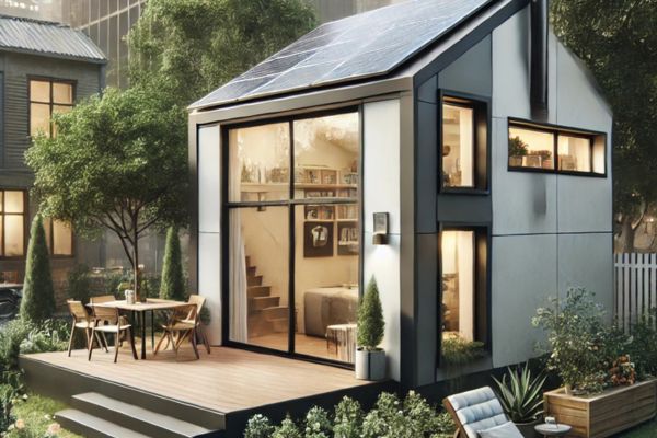 Modern tiny home with a sleek design, large windows, and solar panels, surrounded by greenery and a small garden, symbolizing the rise of tiny homes in urban living