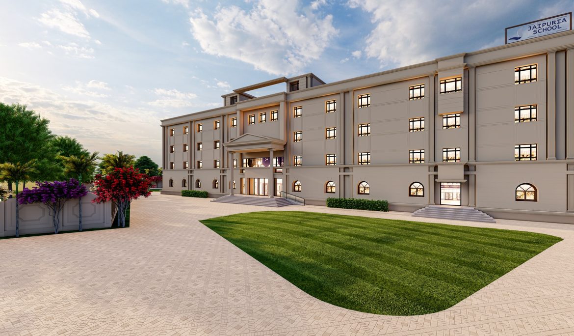 Jaipuria School building with a lawn and a walkway