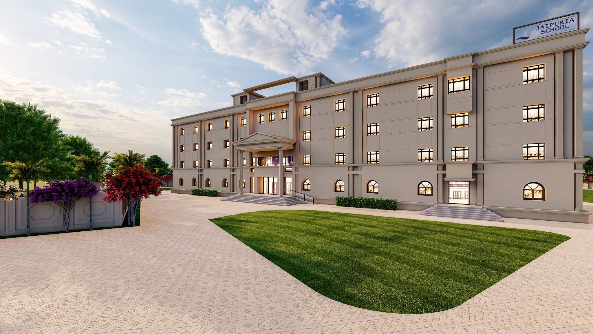 jaipuria school architecture design building with a lawn and a walkway