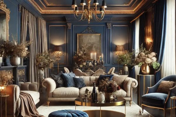 A luxurious living room painted in deep navy blue, featuring elegant furniture, gold accents, and rich textures.