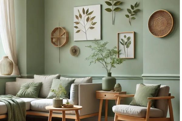 A cozy living room painted in soft sage green, featuring natural wooden elements, botanical decor, and minimalist Scandinavian-style furniture.