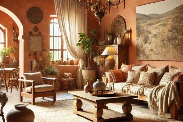 A warm living room painted in terracotta, featuring Mediterranean-style decor, rustic wooden furniture, and cozy textiles. 