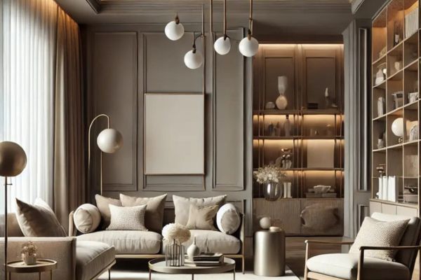modern living room painted in classic greige, featuring a neutral and ambiance. The room includes a mix of wood and metal finishes.