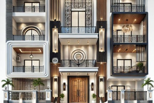 An elegant complex front elevation featuring a grand entrance door, stylish balconies, intricate lighting, and a mix of modern materials like stone, glass, and wood on a white background. 