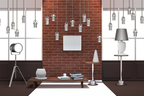 A stylish industrial interior design setup featuring exposed brick walls, modern pendant lighting, and contemporary furniture.