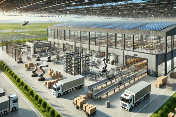 A futuristic industrial facility with automated robotic arms, conveyor belts, and self-driving trucks handling packages. The warehouse features large glass windows, solar panels on the roof, and a high-tech, eco-friendly design, with agricultural fields and drones operating in the background.