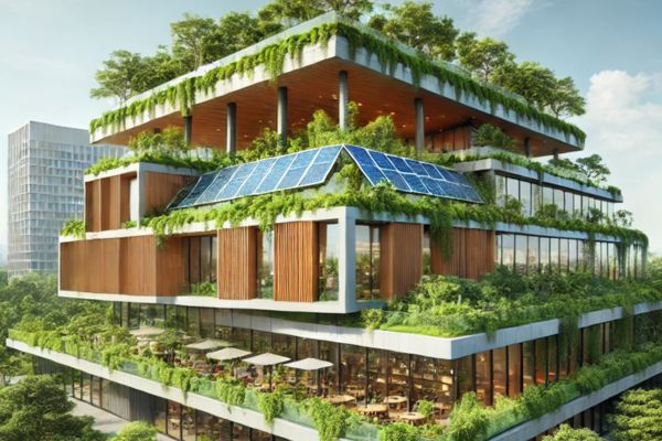 a house with vegetative layer and solar panels on roof