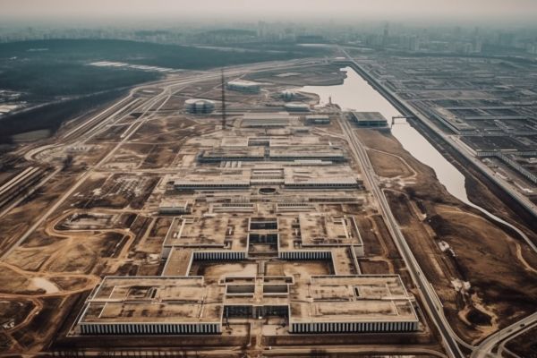 Aerial view of a large industrial complex with multiple rectangular buildings, surrounded by roads, open land, and a nearby river.
