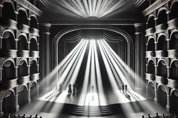 A dramatic theater stage with striking lighting design. Bright beams of light pierce through a dark background.