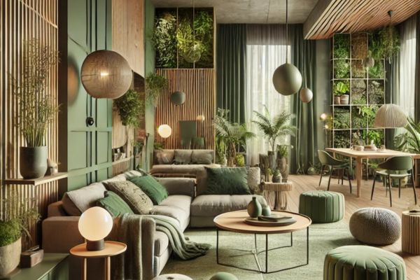  A modern interior living space reflecting 2025 design trends with an earthy green color palette.