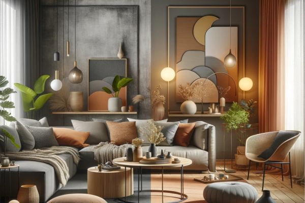 A modern living room illustrating the shift from gray-dominated interiors to warmer, vibrant tones.