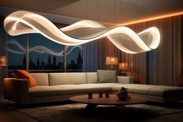  A modern living room with AI in architectural design, featuring a futuristic wave-shaped LED chandelier and ambient lighting.